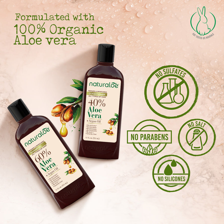 Organic Aloe Vera & Argan Oil Shampoo & Conditioner Set - 2 Bottles of 12 Fl Oz